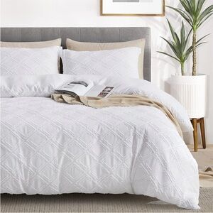 Maple & Stone King Duvet Cover Set, White, Textured, Tufted, Boho Bedding Set
